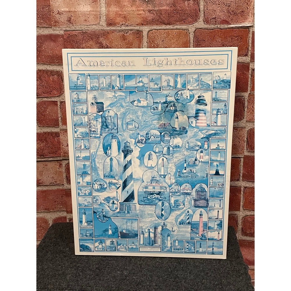 American Lighthouses 1000 Piece Jigsaw Puzzle Blue White Nautical Map Collage
